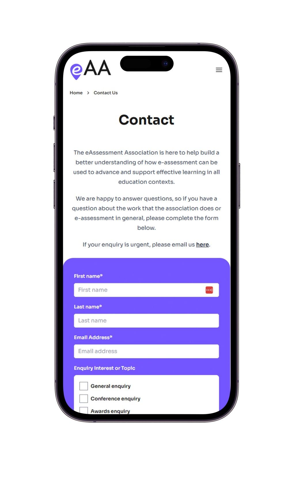 The solutions page from the e-Assessment Association website on a mobile device