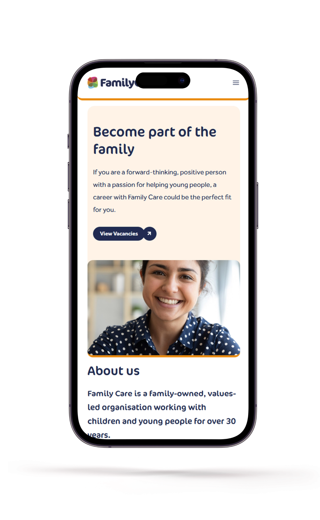 The About Us page from the Family Care website on a mobile device