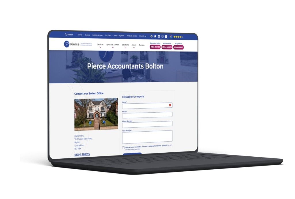 The Bolton office page from the Pierce website on a laptop