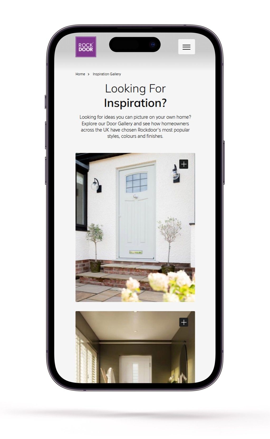 The inspiration page from the Rockdoor website on a mobile device