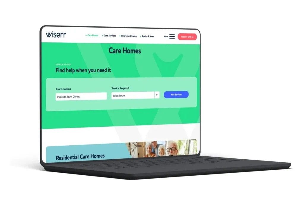 Care home web page from the Wiserr website on a laptop