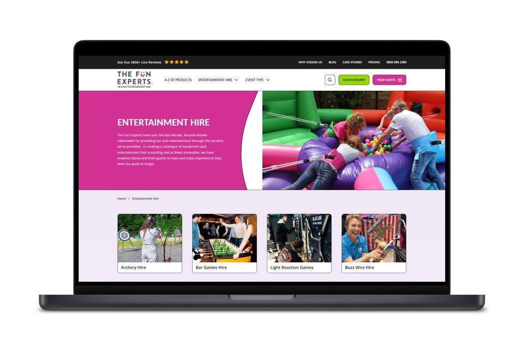 The Entertainment Hire page on the Fun experts website on a laptop