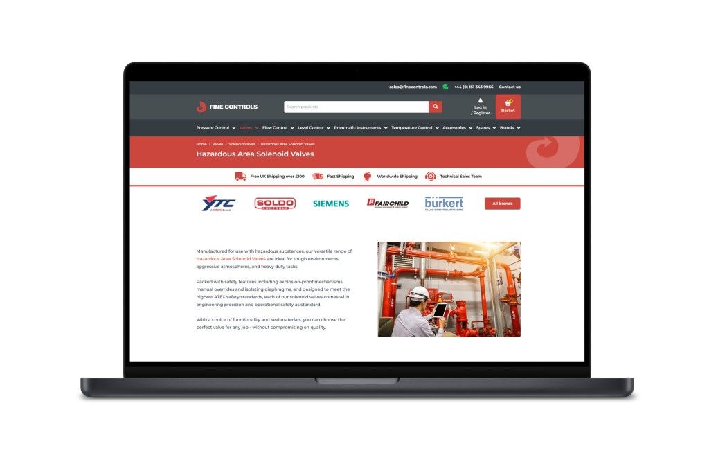 A product page from the Fine Controls website on a laptop