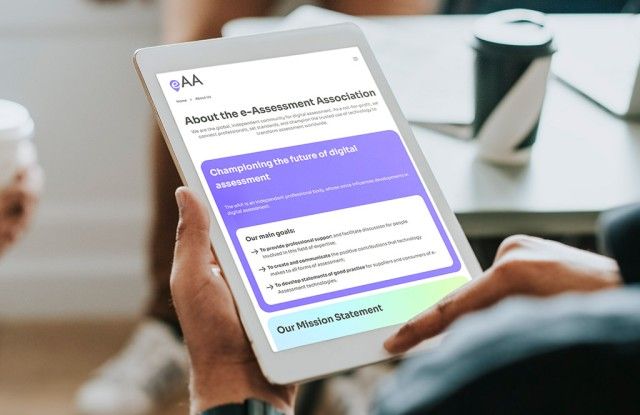 The about page from the e-Assessment Association website on a tablet