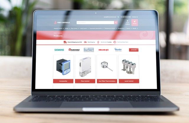 The products page of the Fine Controls website on a laptop