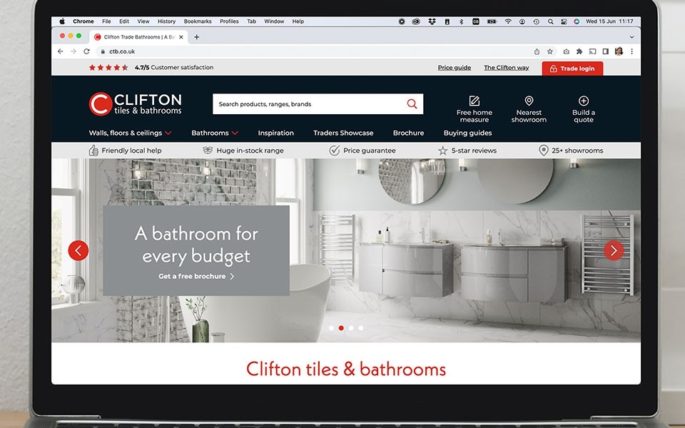 Clifton Trade Bathrooms website on macbook